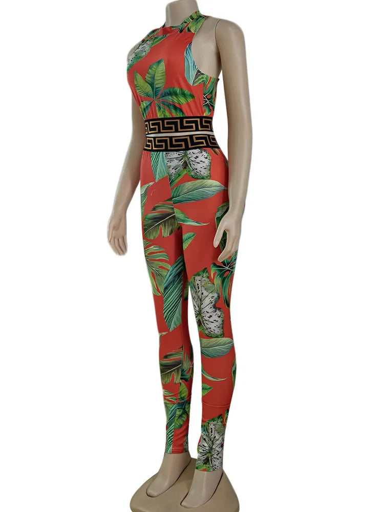 Print Leaves Skinny Two Pieces Pant Set Sleeveless Tank Top And Leggings Suit