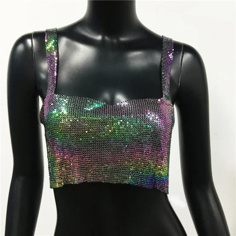 Bling Metallic Sequin Crop Top y2k Backless Straps Cropped Top