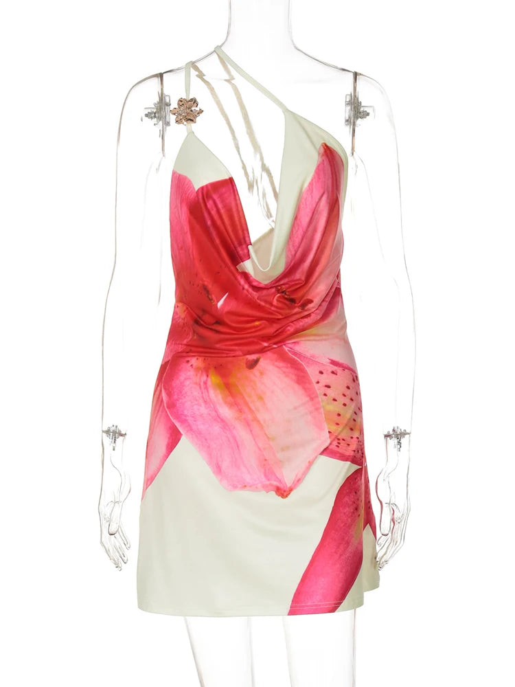 One-shoulder Printed High Waist Draped Swinging Collar Dress