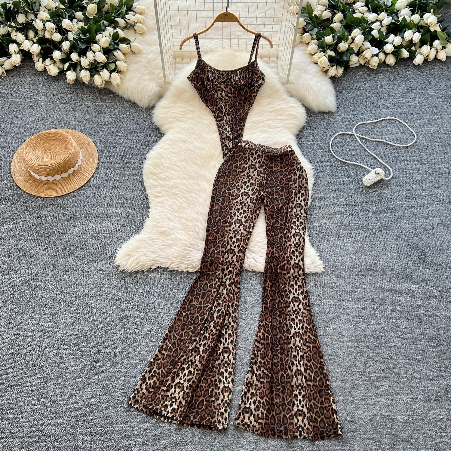 Leopard Strap Tops+Elastic Waist Flared Pants Set