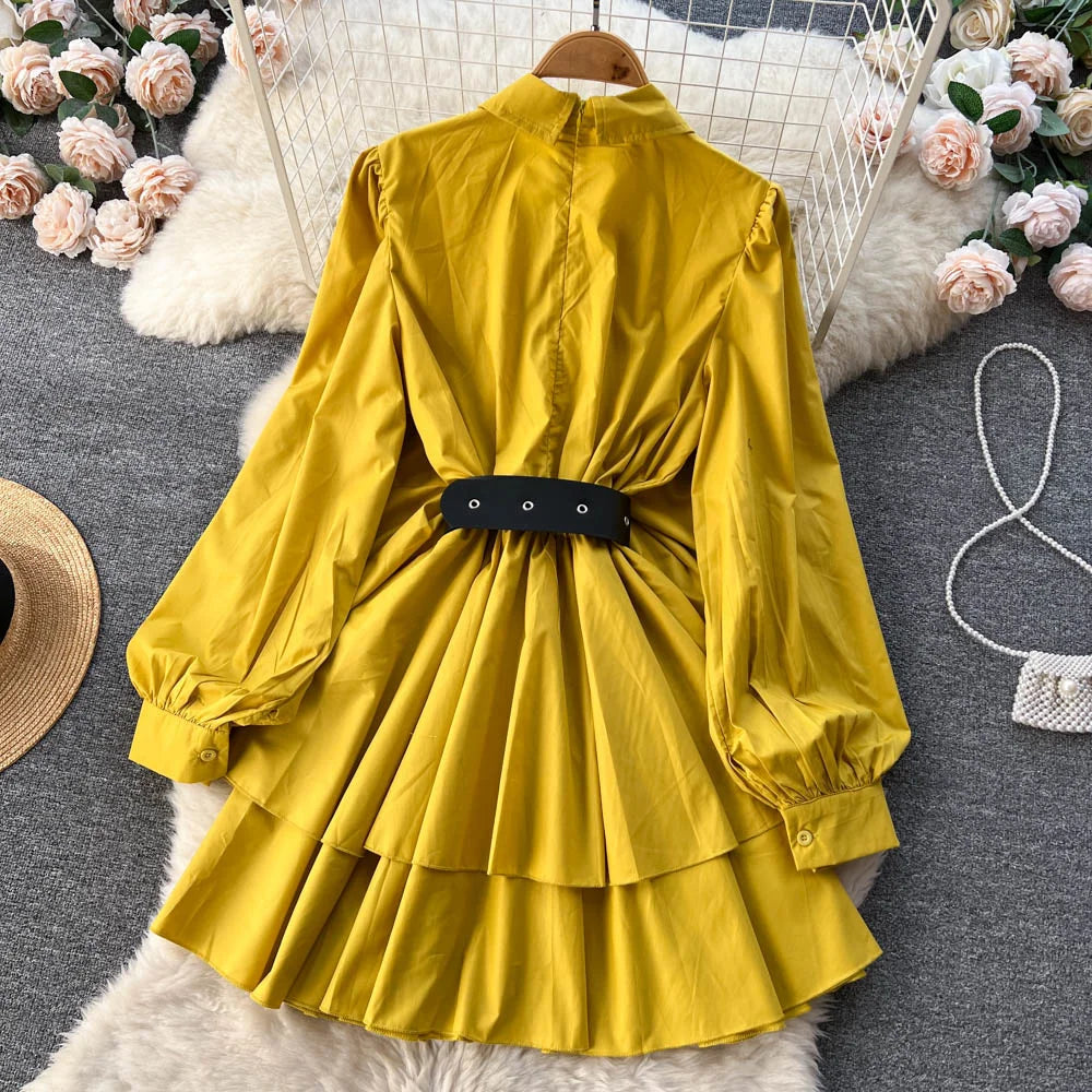 Y2k Loose Mid Length Lapel Ruffles Waist Dress