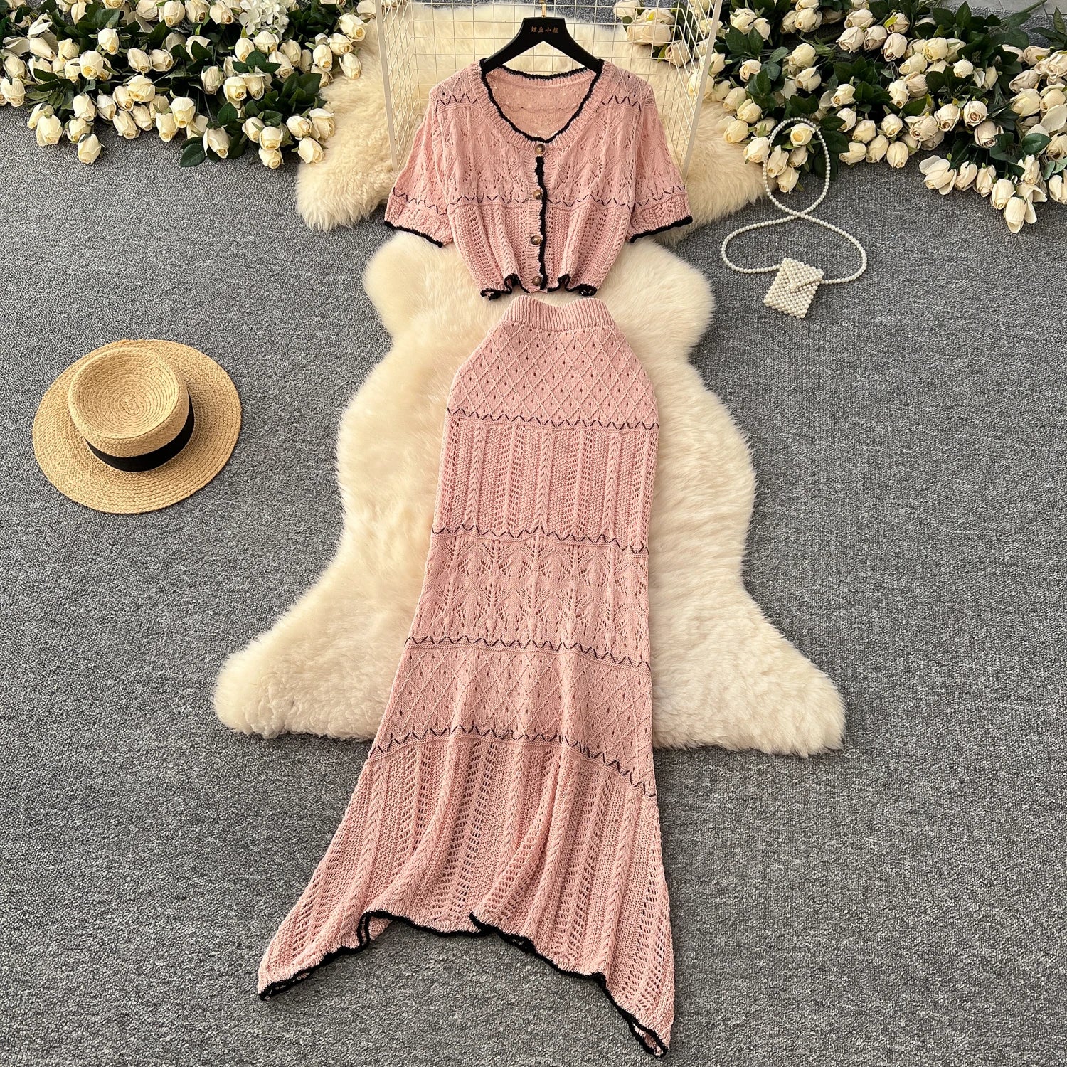 Short Sleeve O Neck Tops+Bodycon Skirt Hook Flower Hollow Two pcs Set