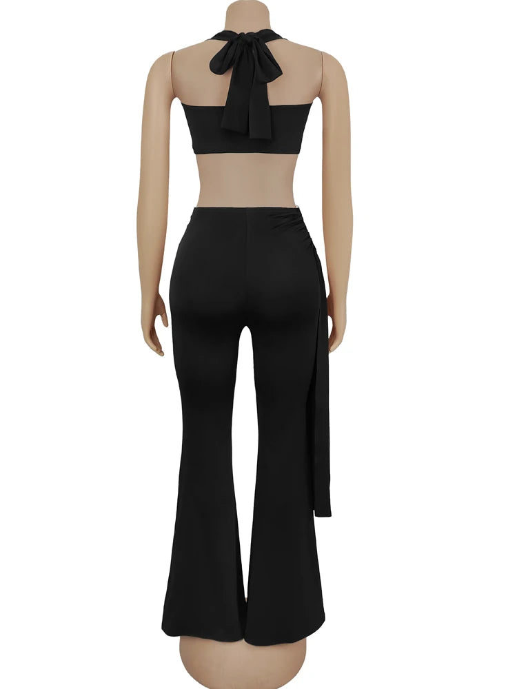 Chic Twist Front Crop Top And Long Straps Wide Legs Pants Se