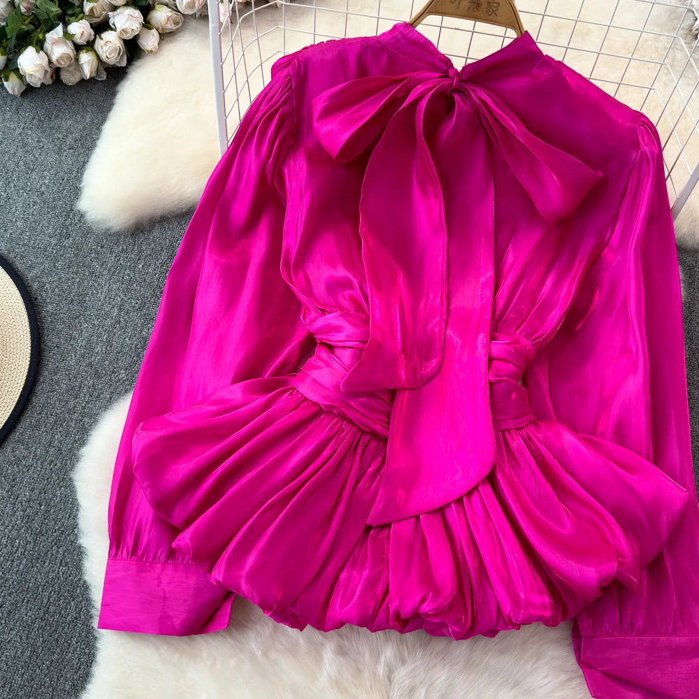 Long Sleeve Tie Up Pleated Blouse