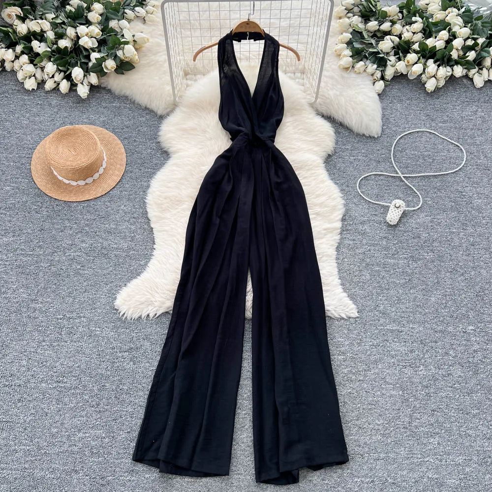 Backless Halter Lace Up Draped Chic Jumpsuit