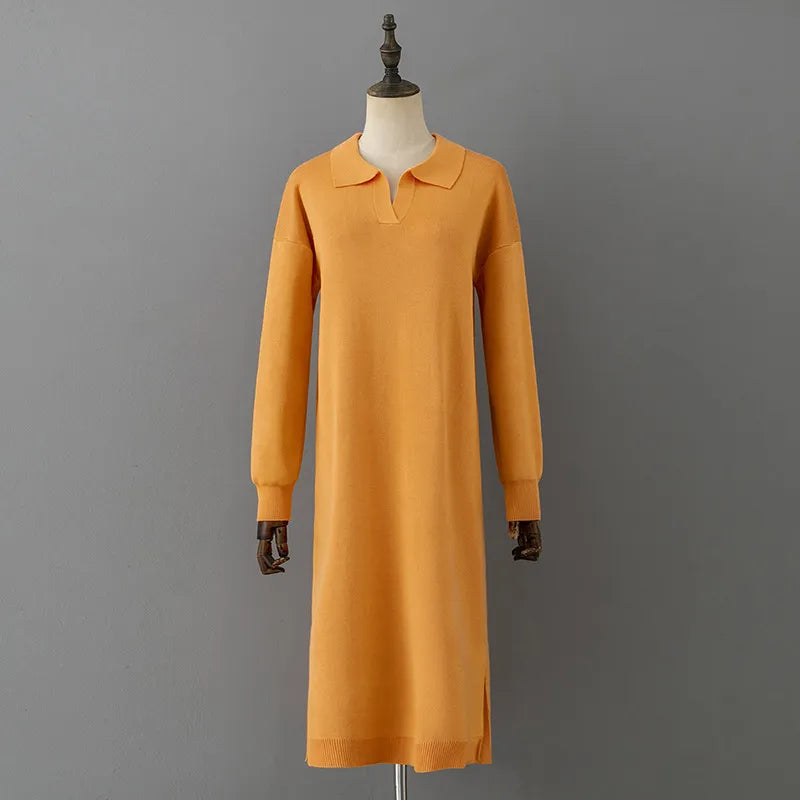 Winter Warm Thick Knit Loose Sweater Split Dress Autumn Korean Lady Polo Neck Casual Oversized Soft Dresses