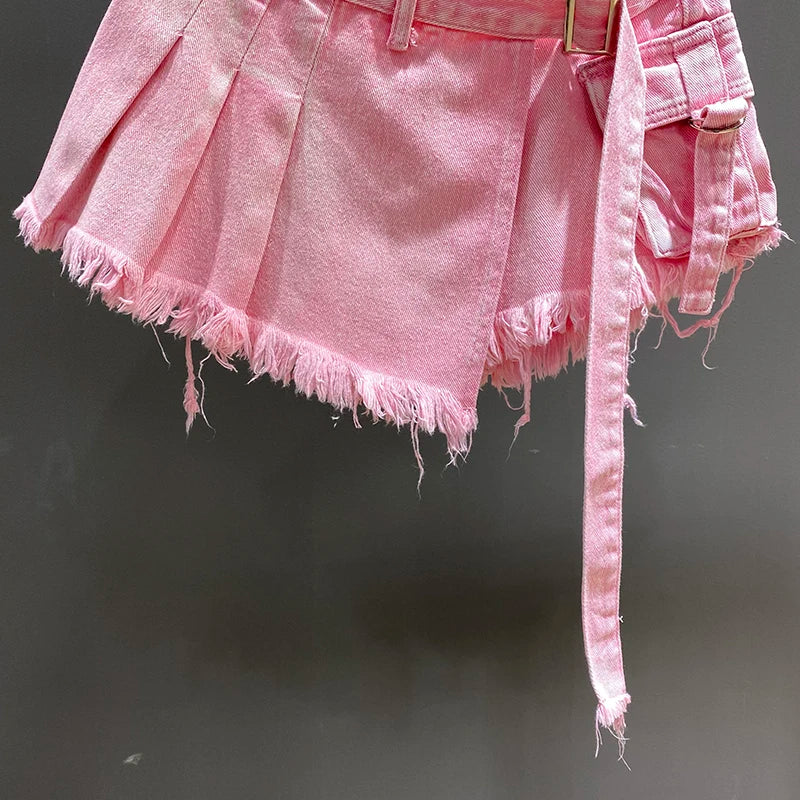 Irregular Pink Denim High A- Line Short Mini Skirts