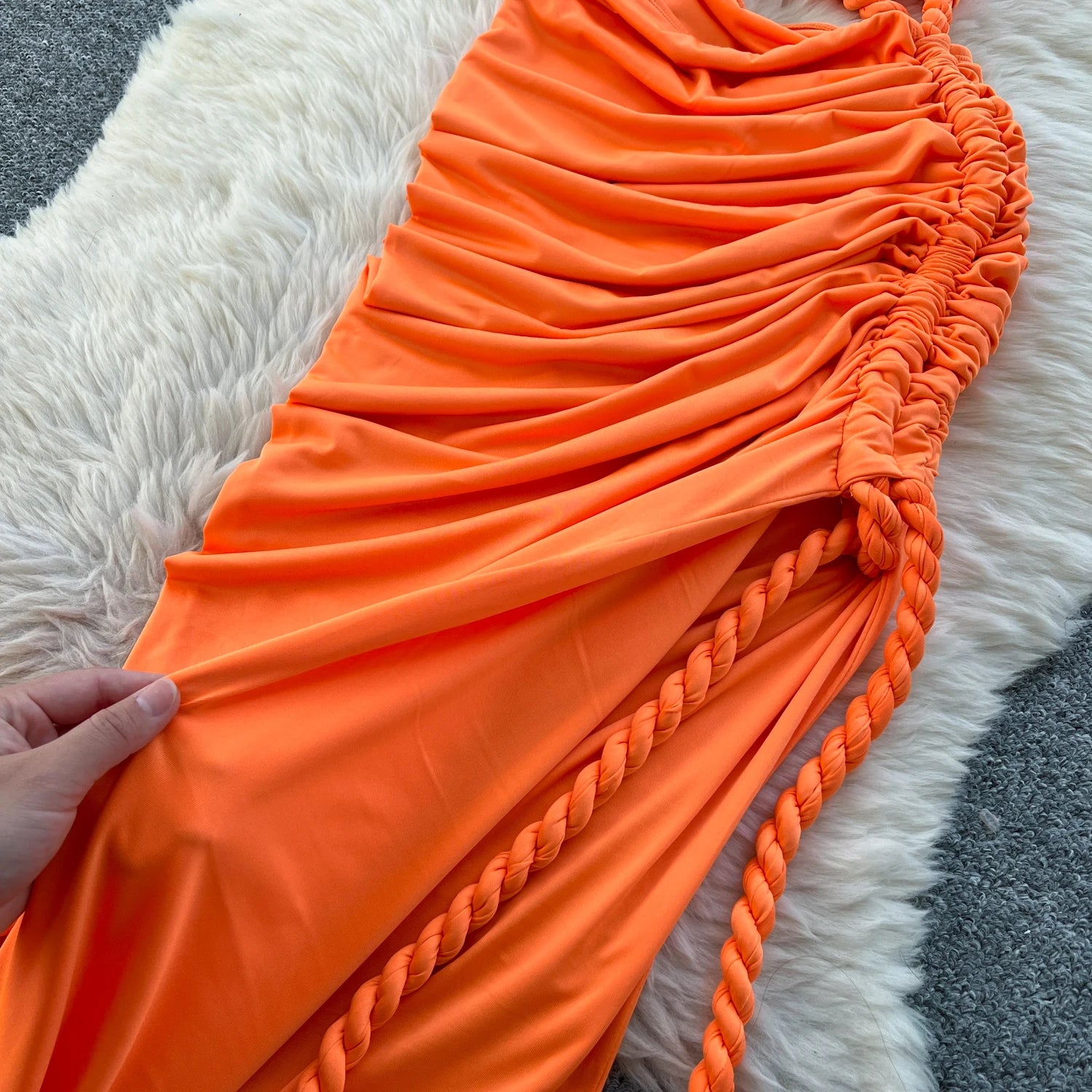 Hollow Out Split Ruched Solid Maxi Sundress