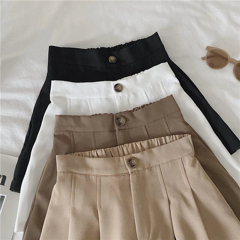 Casual Simple Korean Fashion Elastic High Waist Pleated Shorts