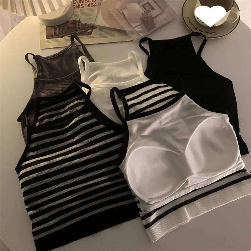 Casual Fashion Crop Top with Chest Pad Stripe Sleeveless Outer Wear Basic Camisole