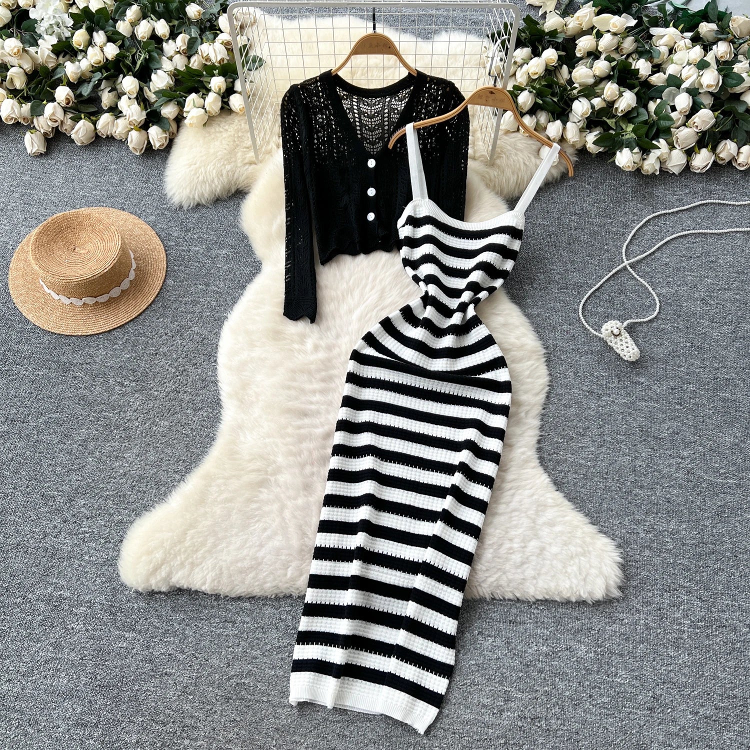 Two piece set Hook flower hollow striped Two Piece Set