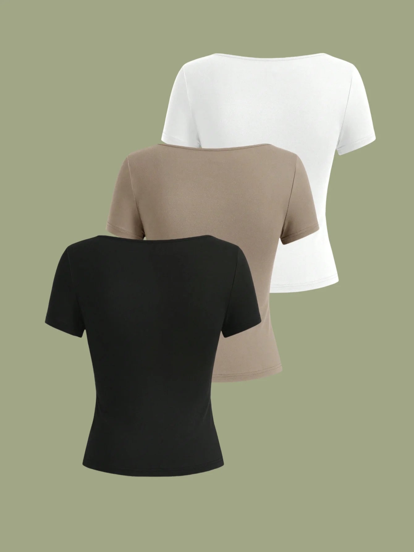 3-Piece Simple and Elegant Square Collar Short-Sleeved Slim Knitted High-Elastic Top T-Shirt