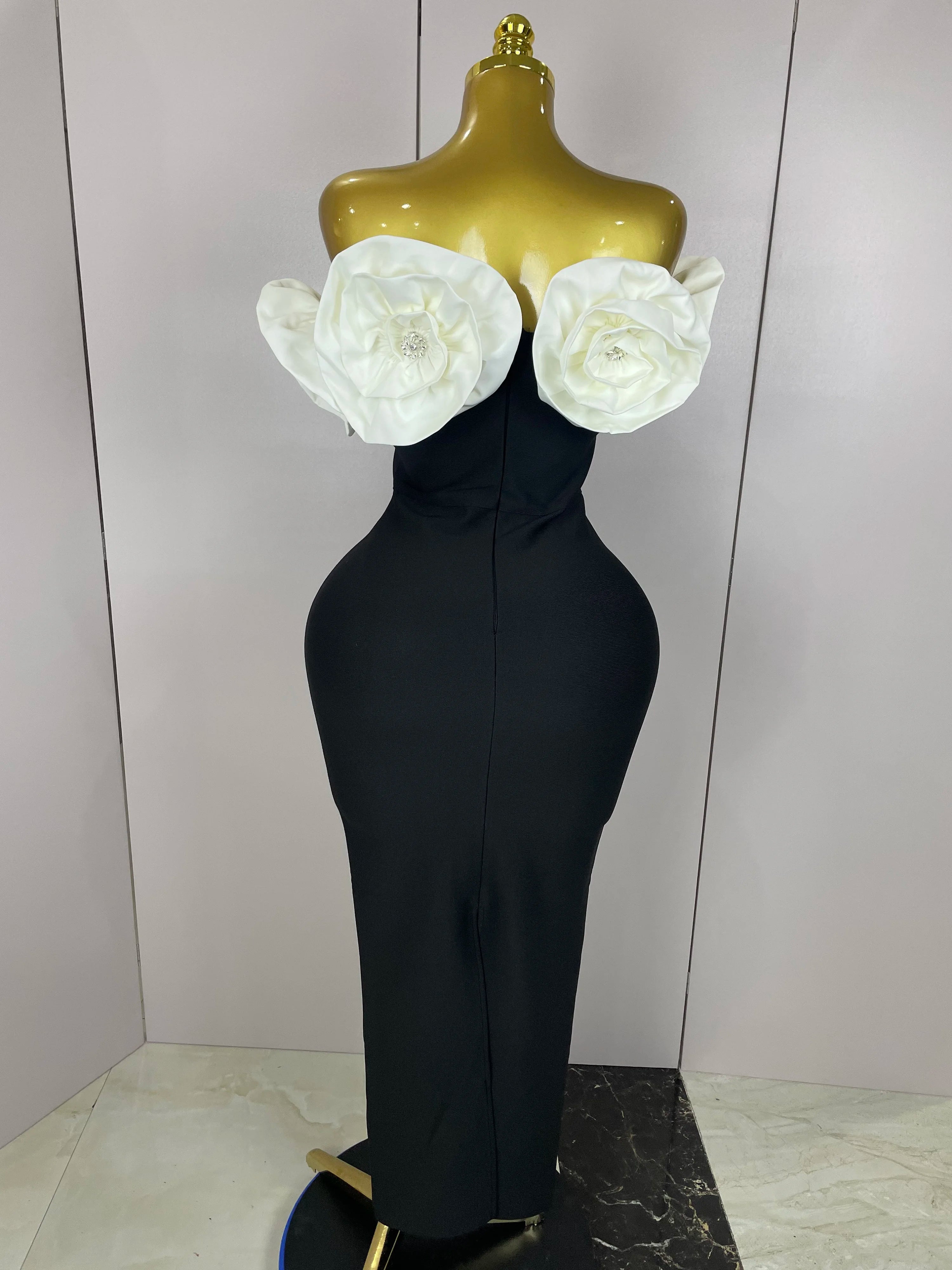 Stereoscopic Flowers Off The Shoulder Ankle Length Bandage Dress