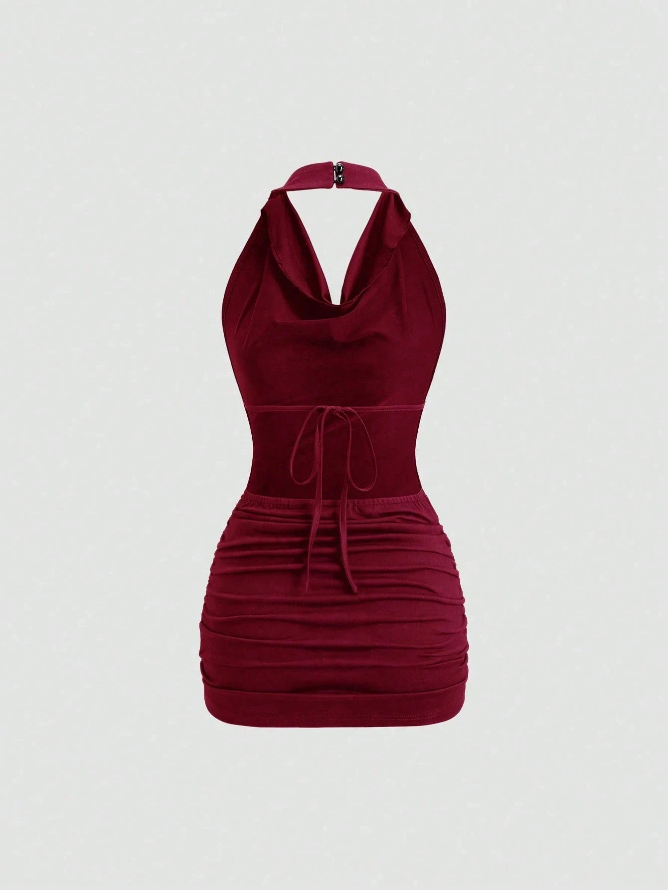Backless Pleating V-Neck Back Tie Halter Slim Fit Mini Dress