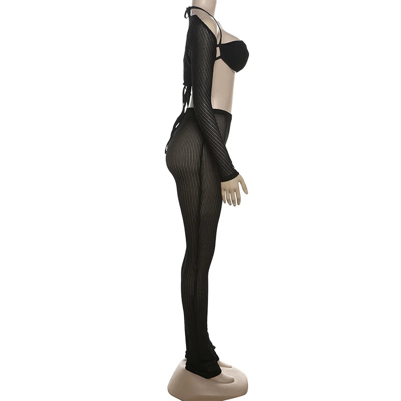 Three Piece Set Mesh Crop Tops+Bandage Bra+Leggings Tight Matching Outfits