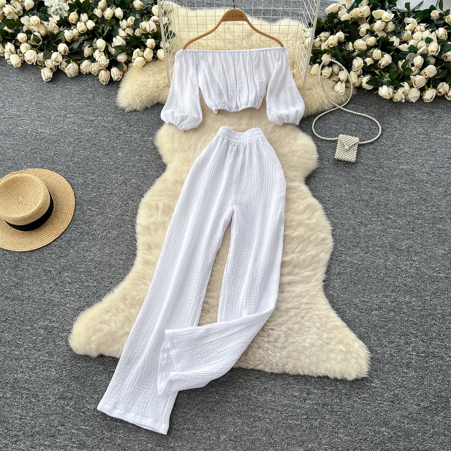 Lantern Sleeve Off Shoulder Crop Top+High Waist Wide Legs Pants Two Piece Set