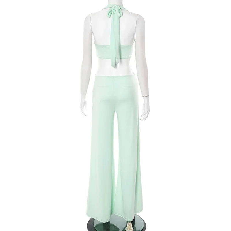 Metal Heart Buckle Lace Up Halter Backless Crop Tops + Wide Leg Pants Set