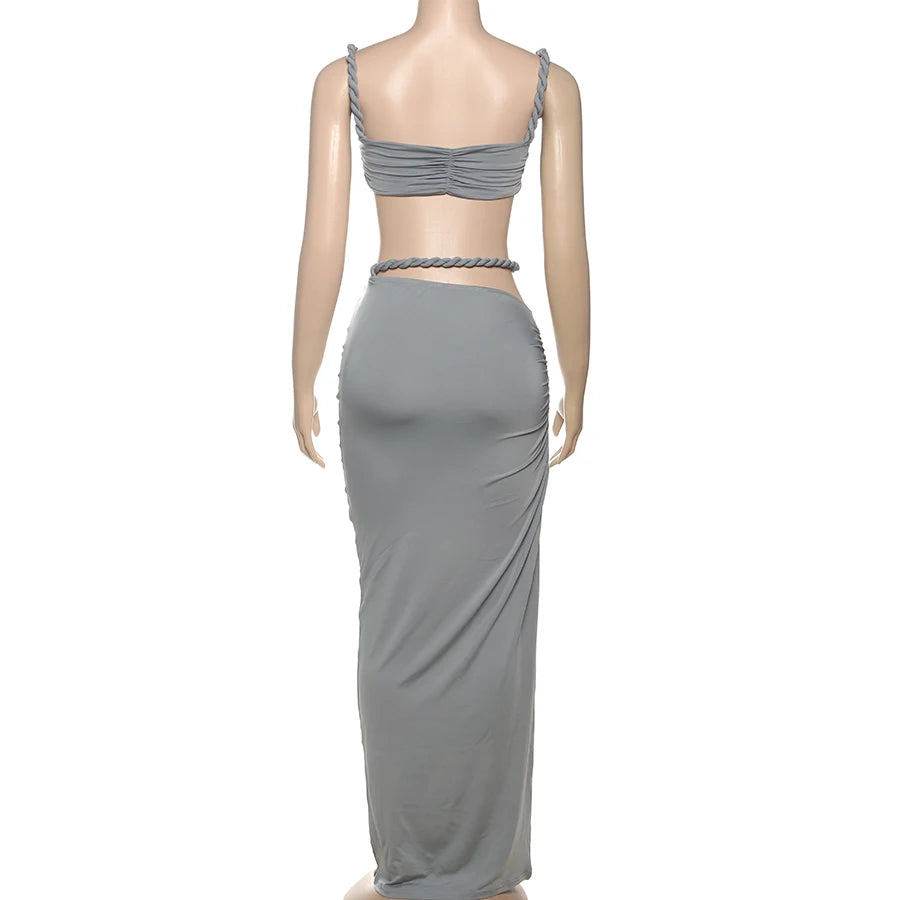 Square Collar Top+Skinny Long Skirts Bandage Ruched  2 Piece Set