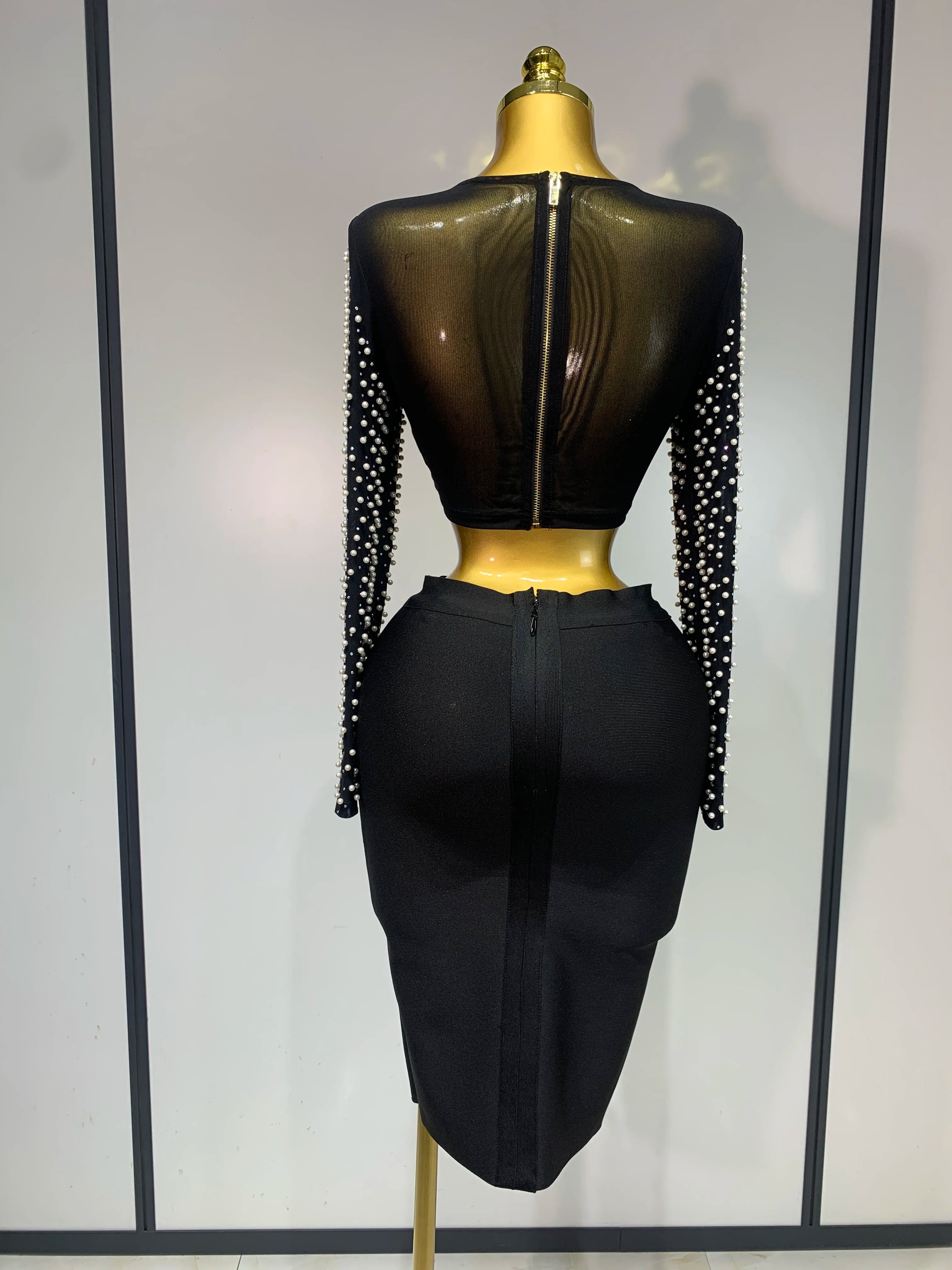Long Sleeve Mesh Pearl Top  Midi Skirt Bandage Two Set