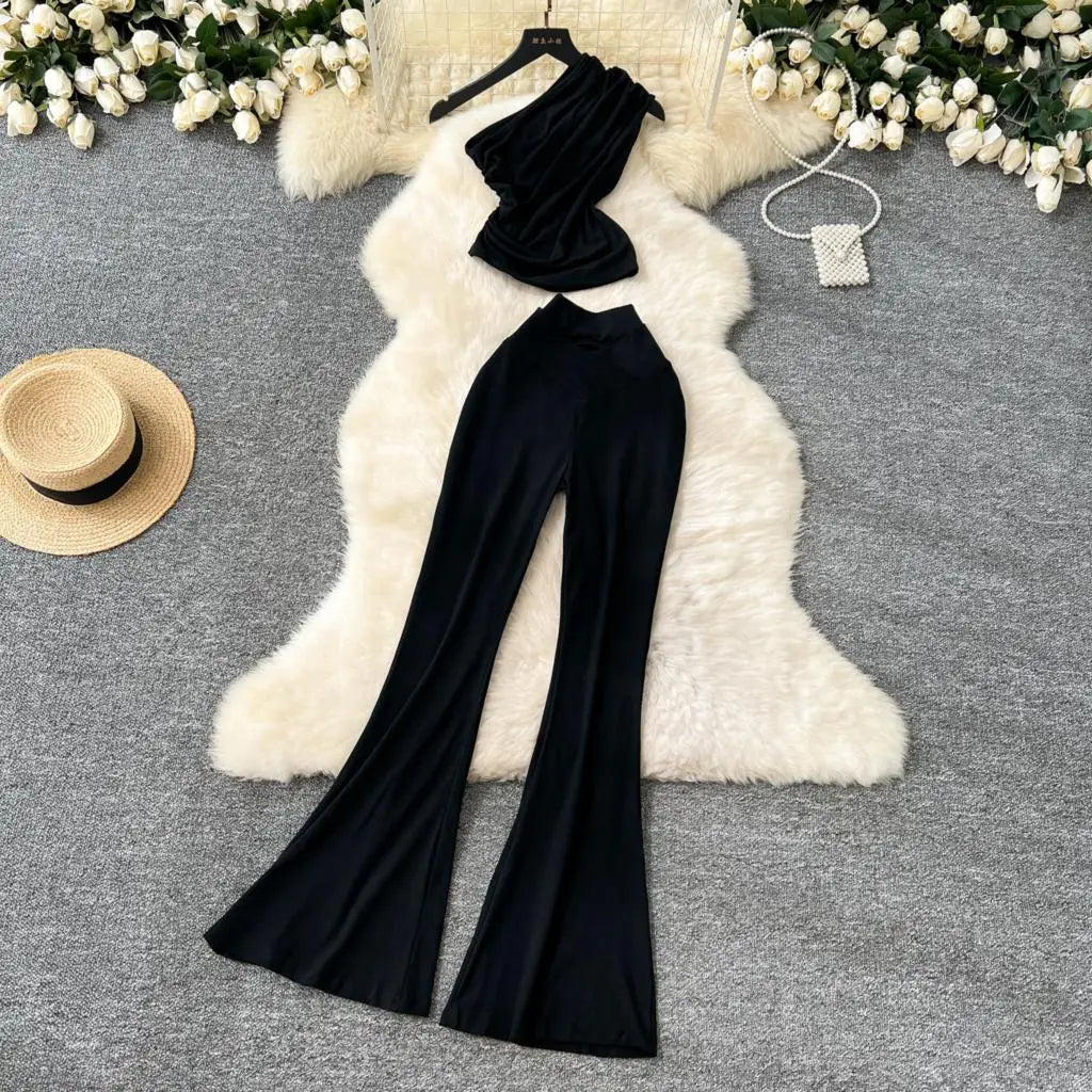 Two Pieces Sets Elegant Chic Skew Collar Pleated Tops + High Waist Flare Casual Pants  Outfits