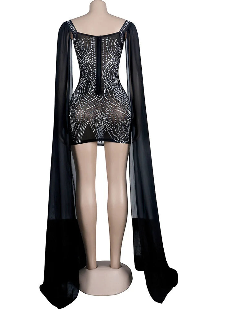 Flare Cape Sleeve Mesh Crystal Sparkle See Through Sequin Bodycon Dress