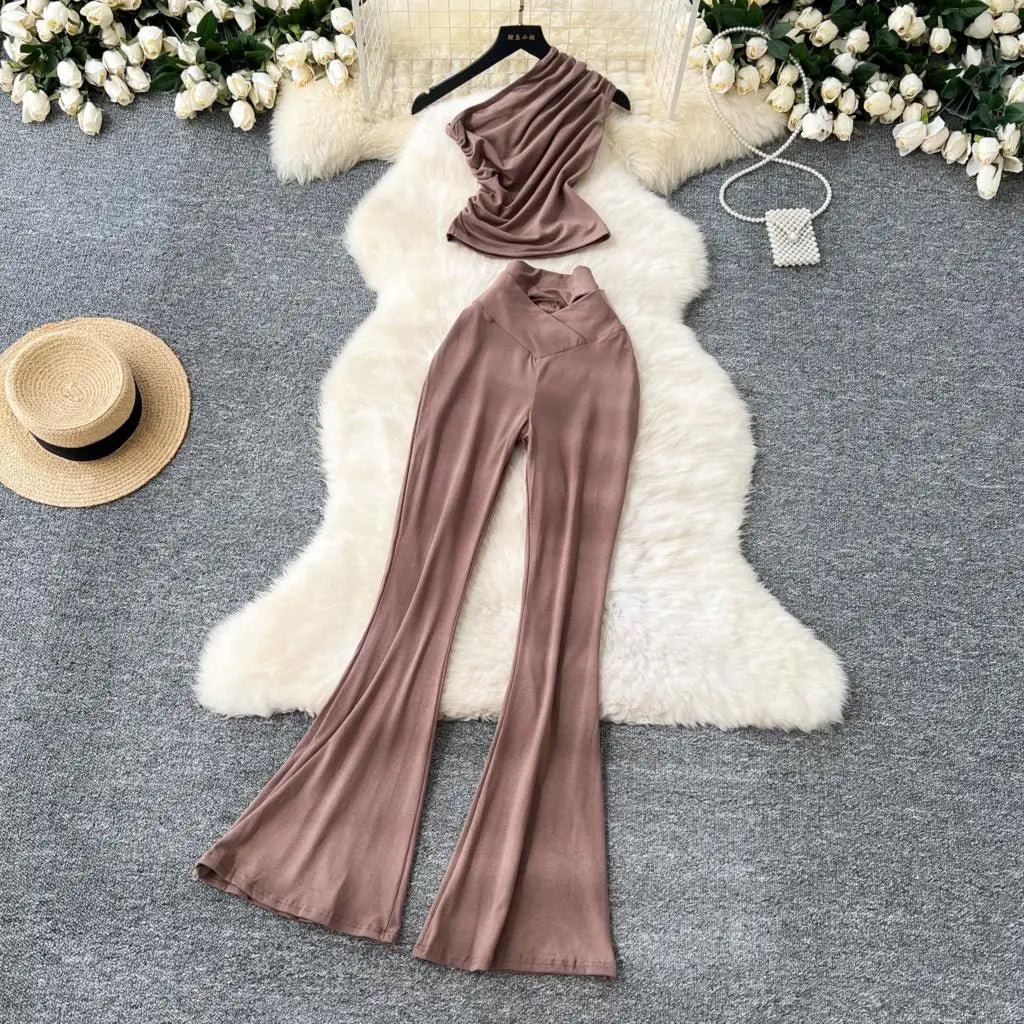Two Pieces Sets Elegant Chic Skew Collar Pleated Tops + High Waist Flare Casual Pants  Outfits