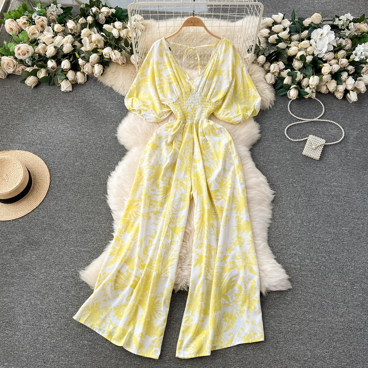 V Neck Dolman Sleeves Floral Print Wide Leg Jumpsuit