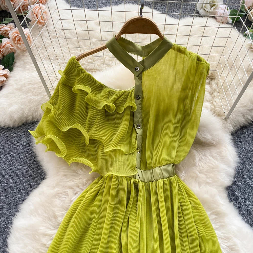 Slim Ruffled Off Shoulder Irregular Temperament Patchwork Dress