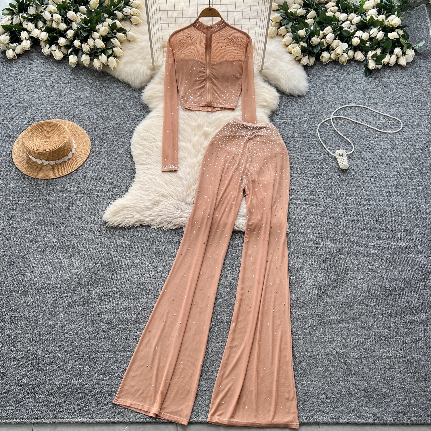 See Through Mesh Rhinestone Chic Two-piece Sets