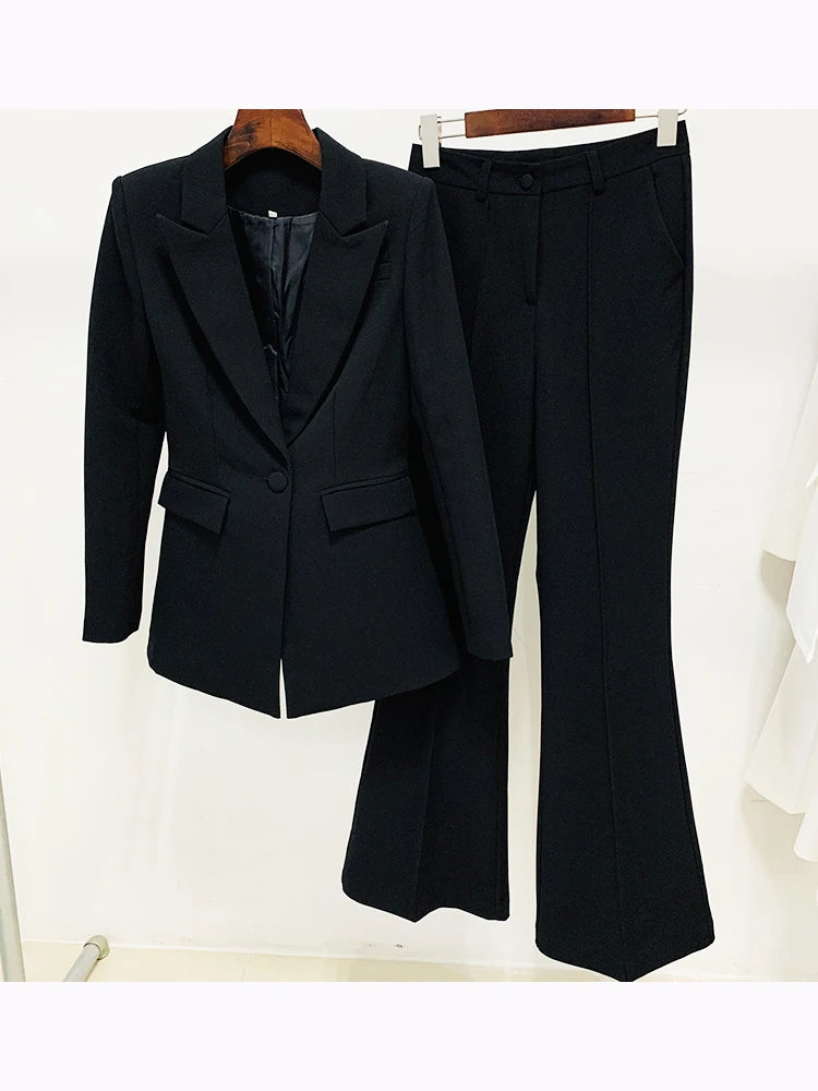 High Street Fashion Runway Suit Set Women's Single Button Blazer Flare Pants Suit