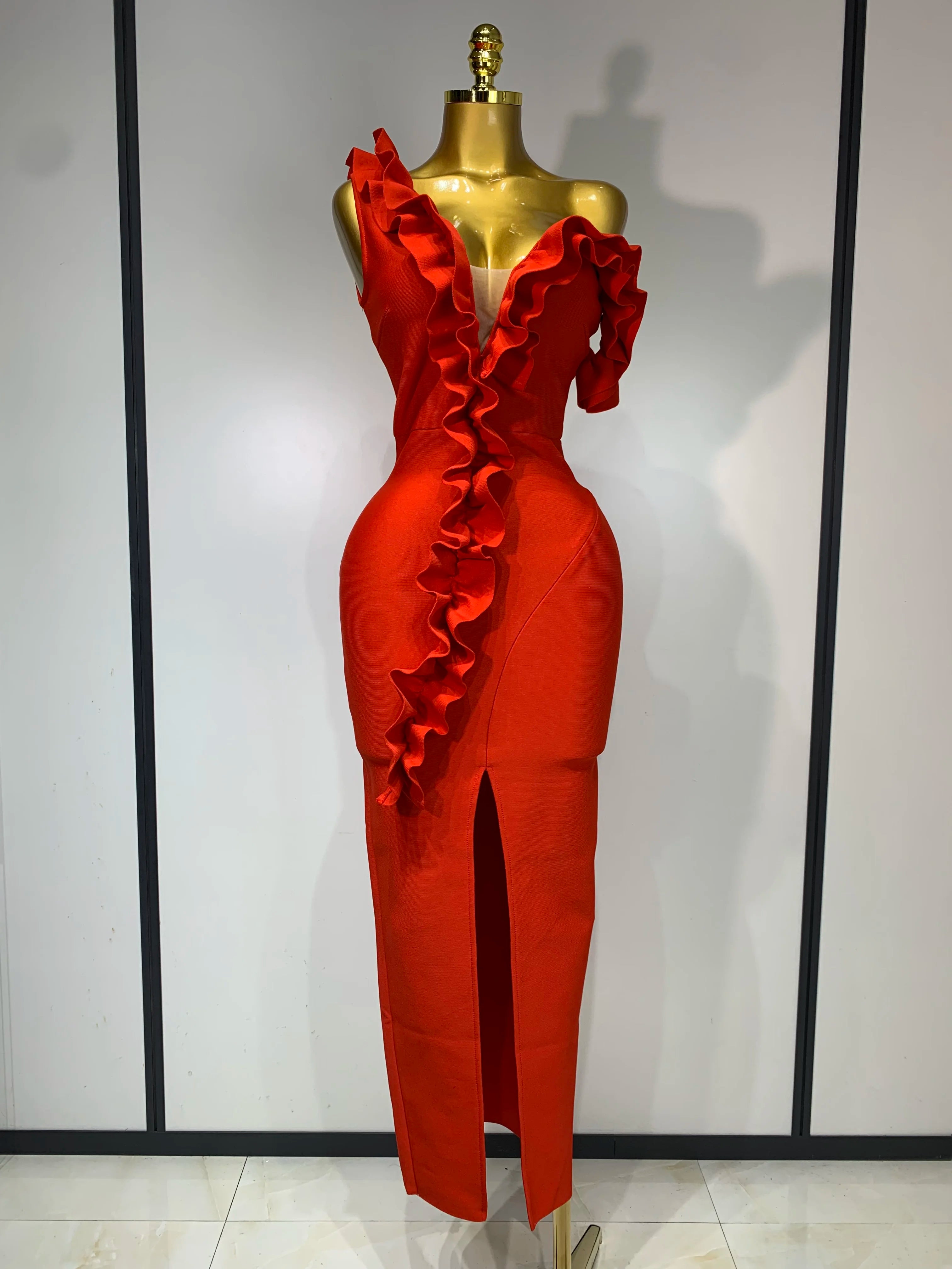 Off Shoulder Ruffles Midi Bodycon Bandage Dres