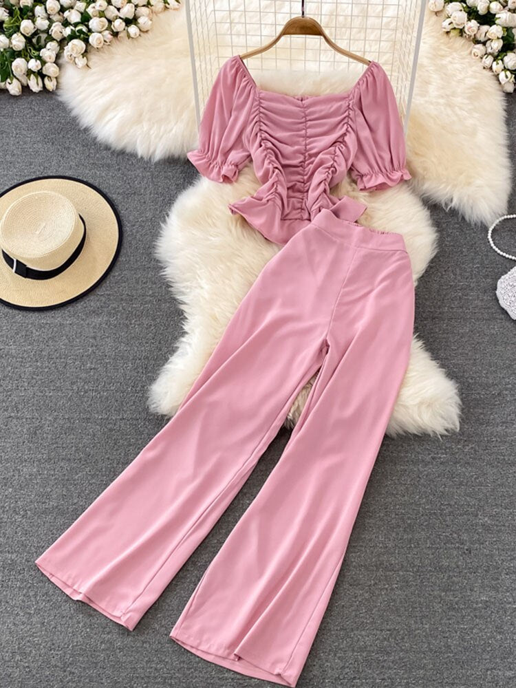 High Waist Drape Pants, Square Collar  Blouse Two-piece Suit