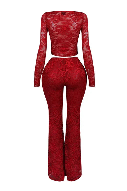 Long Sleeve Lace See Through Shirt + Long Pants Two Piece Sets