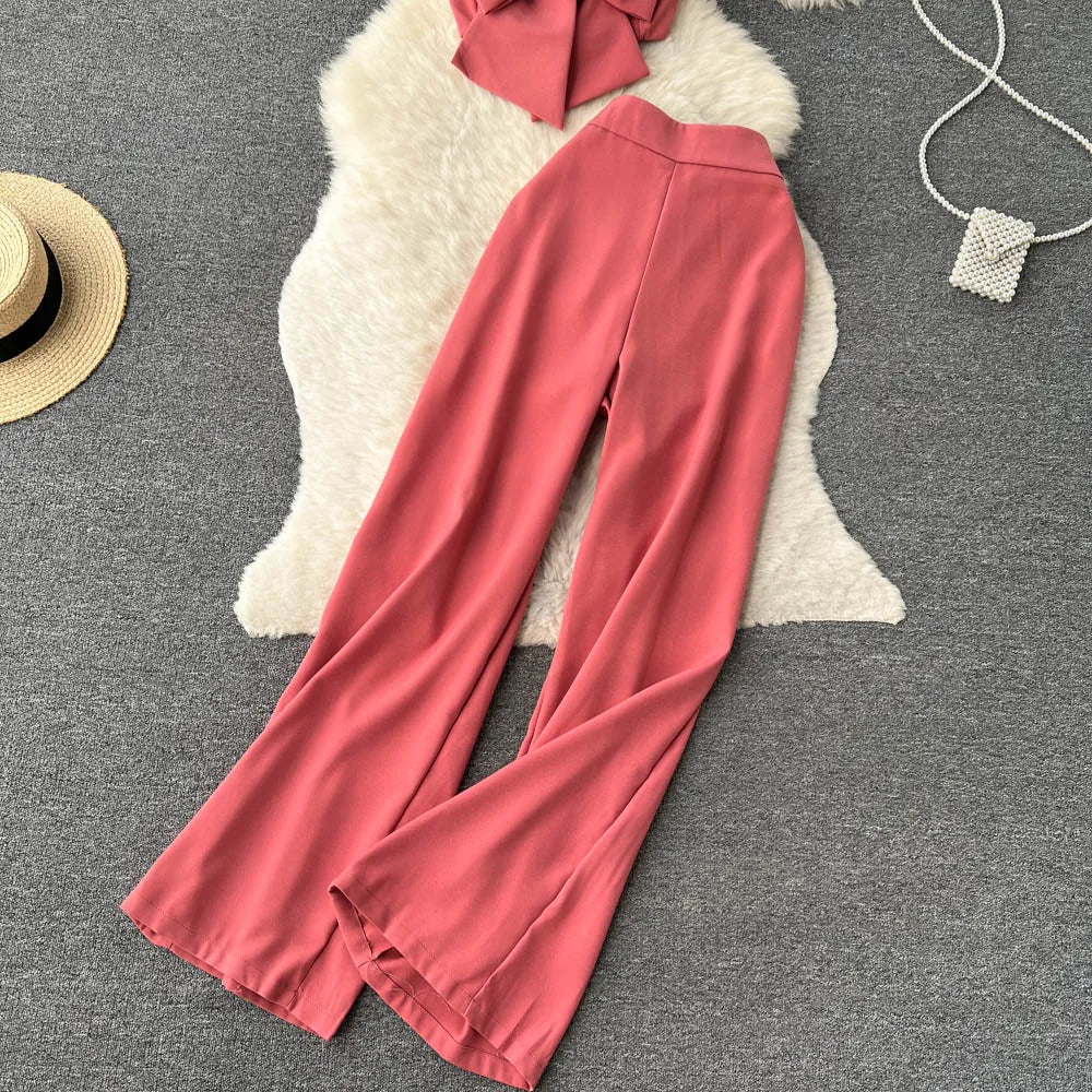 Bow Strap Top+High Waist Casual Wide Leg Long Pants Two piece Set