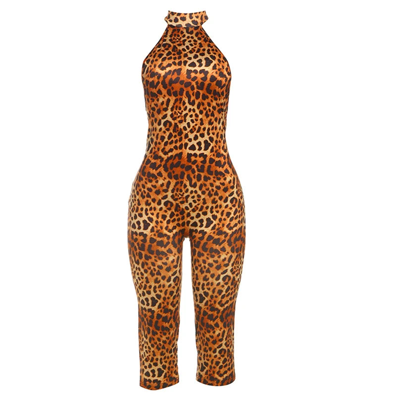 Leopard Print Halter Neck Backless Romper Bandage Jumpsuit