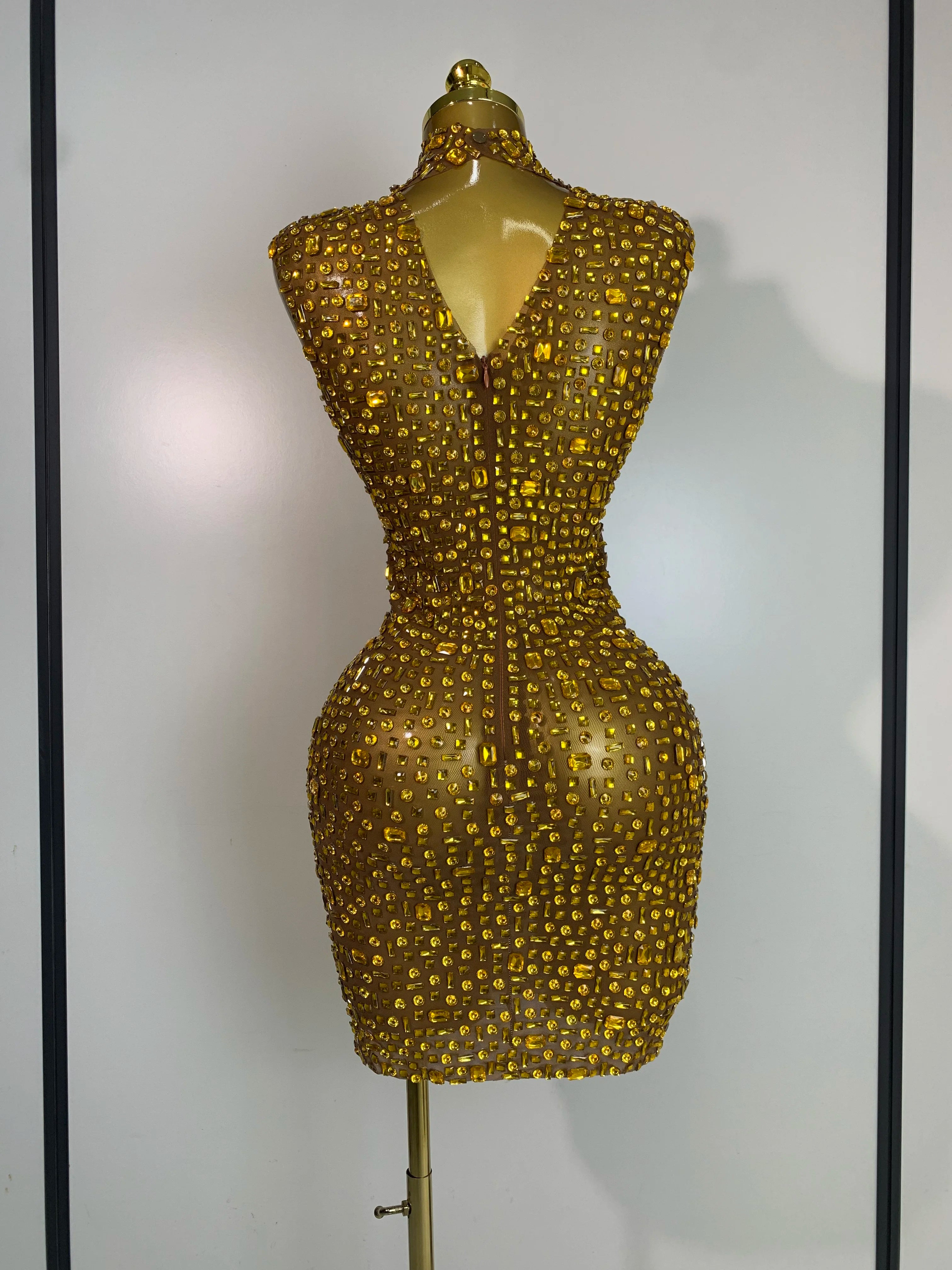 Luxury Gold Rhinestone Sparkly Elegant Dress