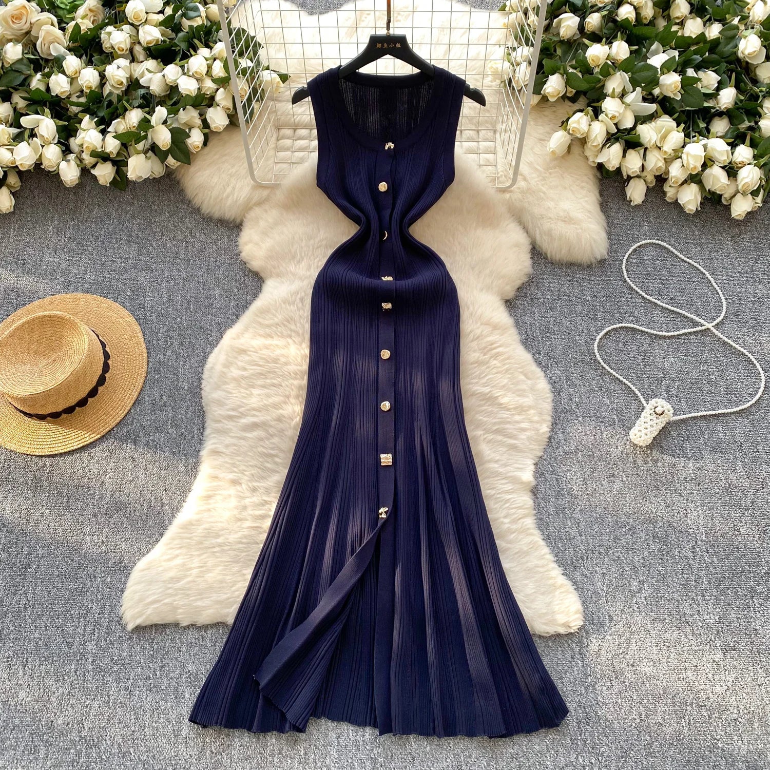 Elegant Office Lady Dress O Neck Sleeveless Knitted Bodycon Dress Sundress