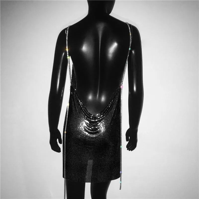 Backless Spaghetti Strap Metal Sequins Low Cut Dress