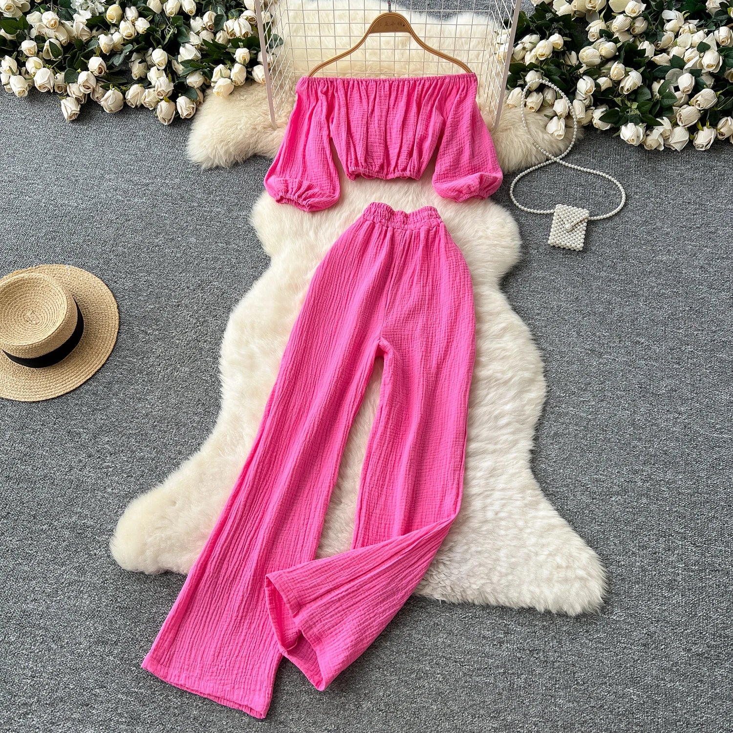 Lantern Sleeve Off Shoulder Crop Top+High Waist Wide Legs Pants Two Piece Set