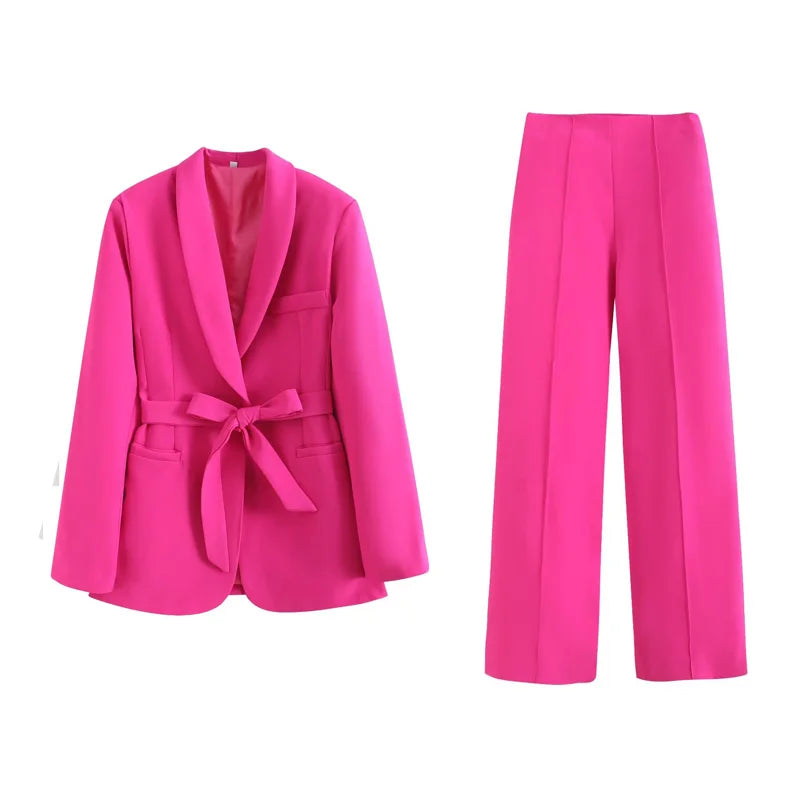 Long Sleeve Belt Bow Blazers Suit Coat Chic Female High Waist Trousers Two Piece Sets
