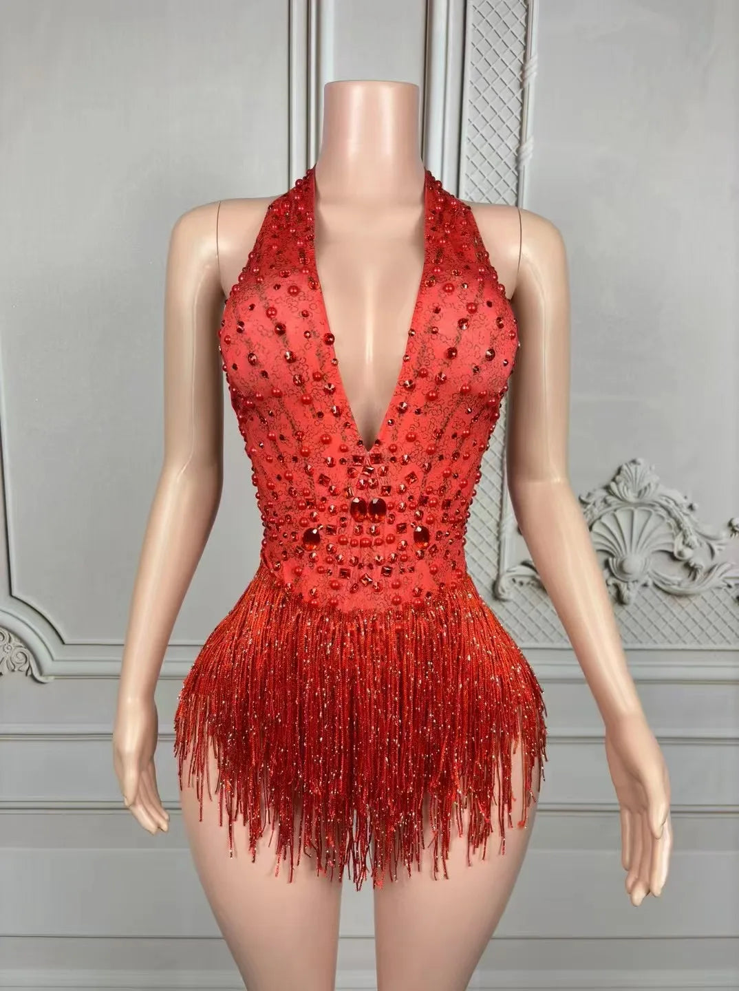 Luxury Deep V Pink Tassel Jumpsuit