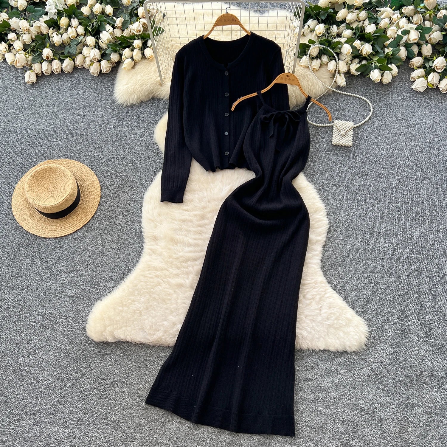 Elegant Long Sleeve Single Breasted Tops+Sleeveless Strap Bodycon Dress Knit Solid Sweater Sets