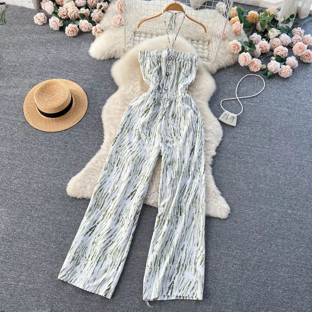 Halter Strapless Backless Loose Wide Legs Pants Beach Style Striped Jumpsuits