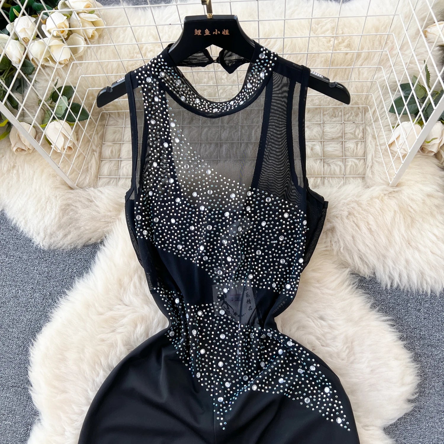 Beading Mesh Long Rompers Sleeveless Diamond Backless Slim Bodycon Sheer Jumpsuits