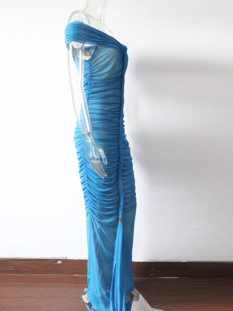 Off Shoulder Pleated Bandage Maxi Dress