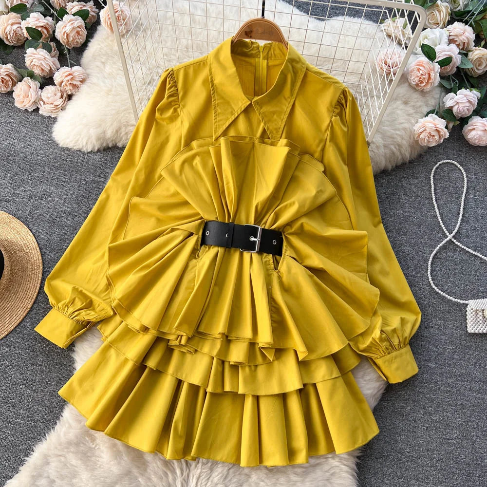 Y2k Loose Mid Length Lapel Ruffles Waist Dress