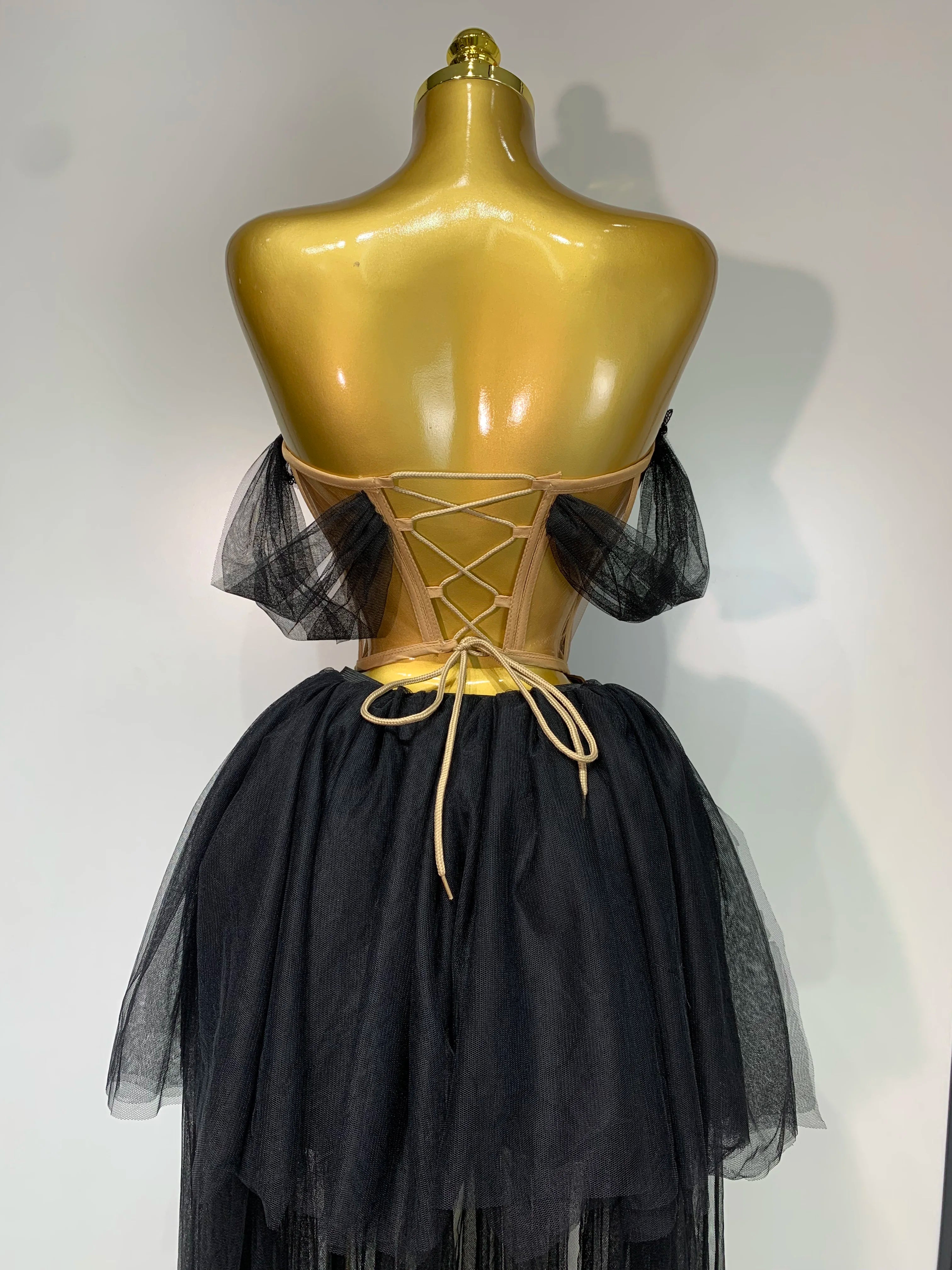Backless Mesh Top Skirt Two Pieces Set Luxury Dress