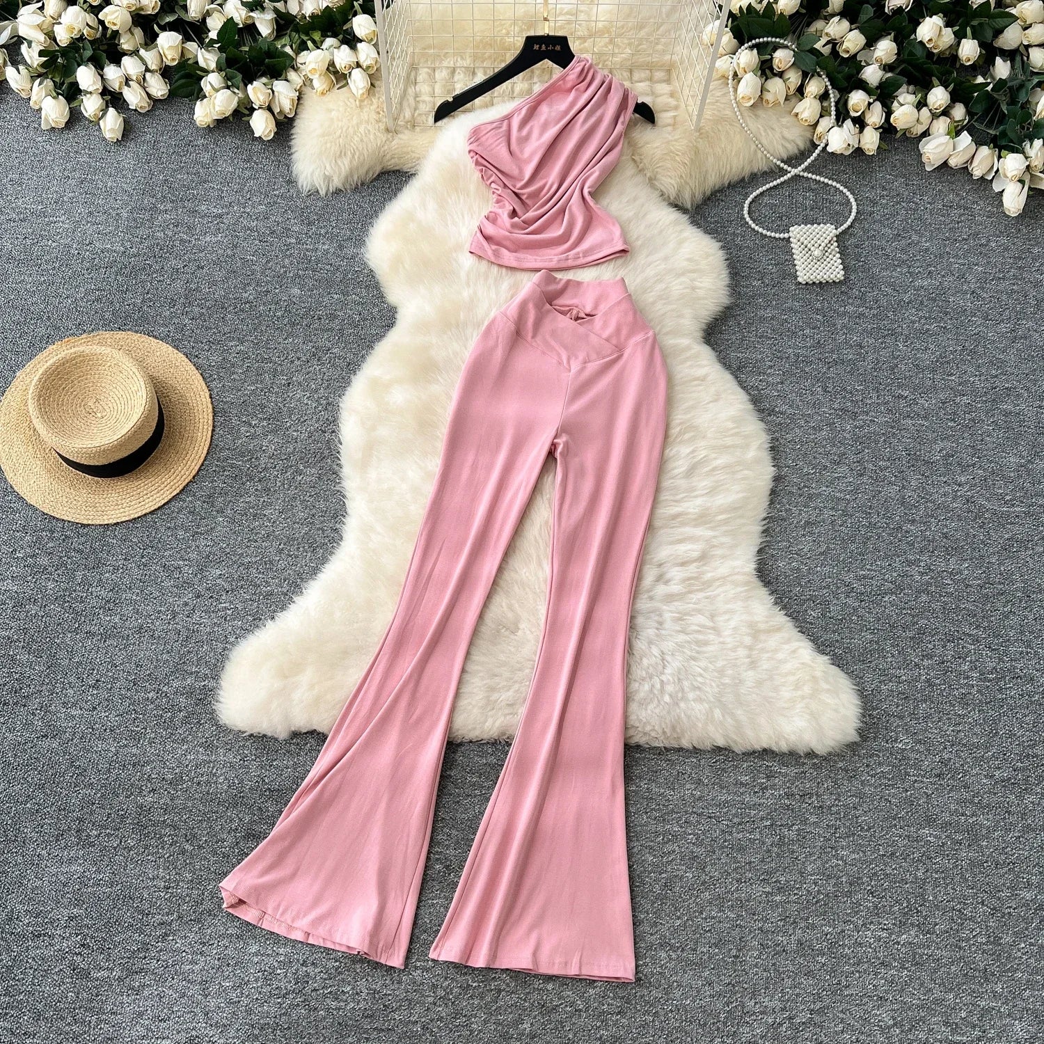 Chic Vintage Diagonal Collar Sleeveless Pleated Top and High Waist Flare Pants Two Piece Set