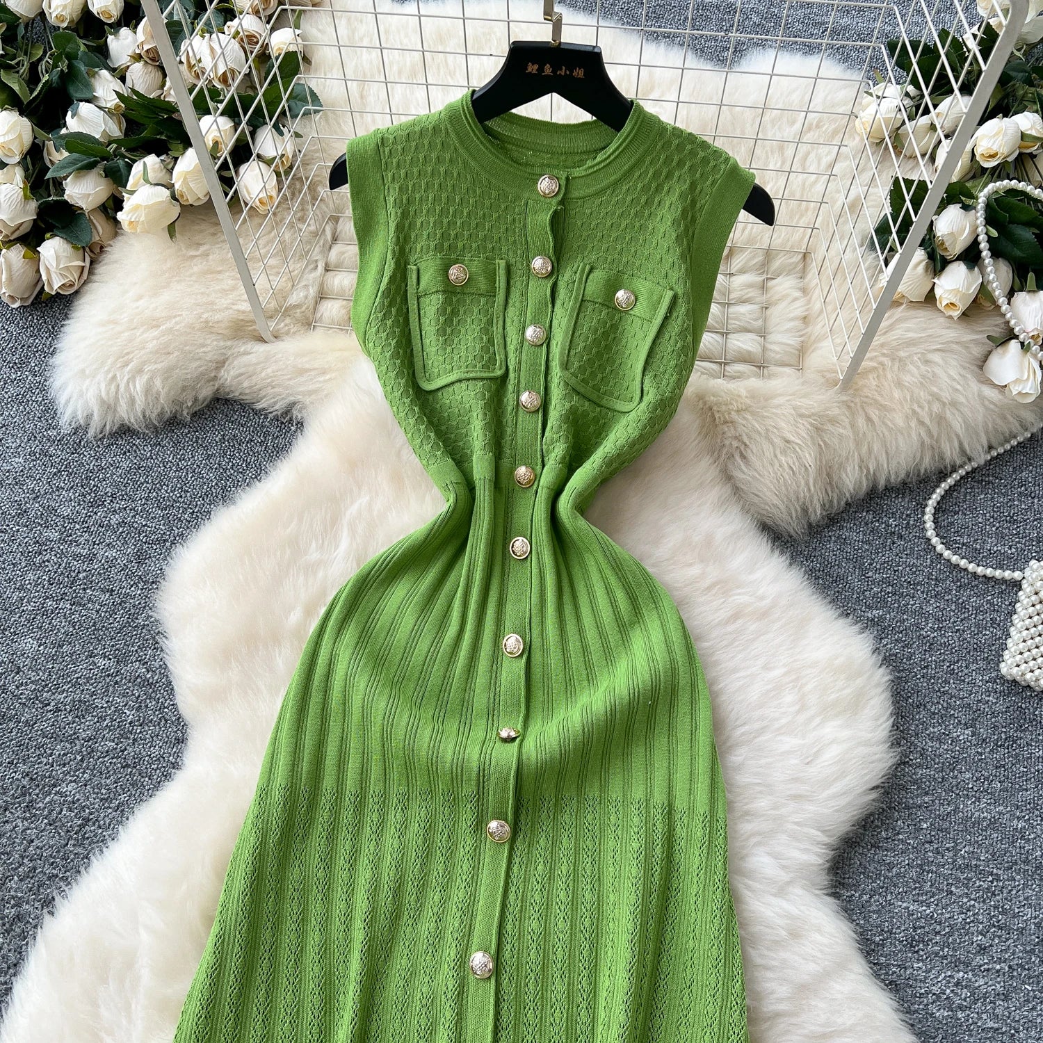 Office Lady Dress O Neck Sleeveless Single Breasted Chic Knitted Dress