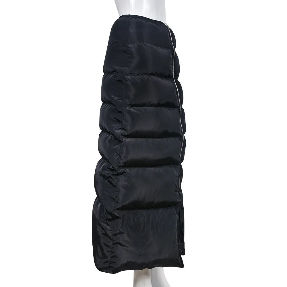 Winter Thick Warm Bubble Quilted Y2K High Waist Zip-Up Black Long Skirts